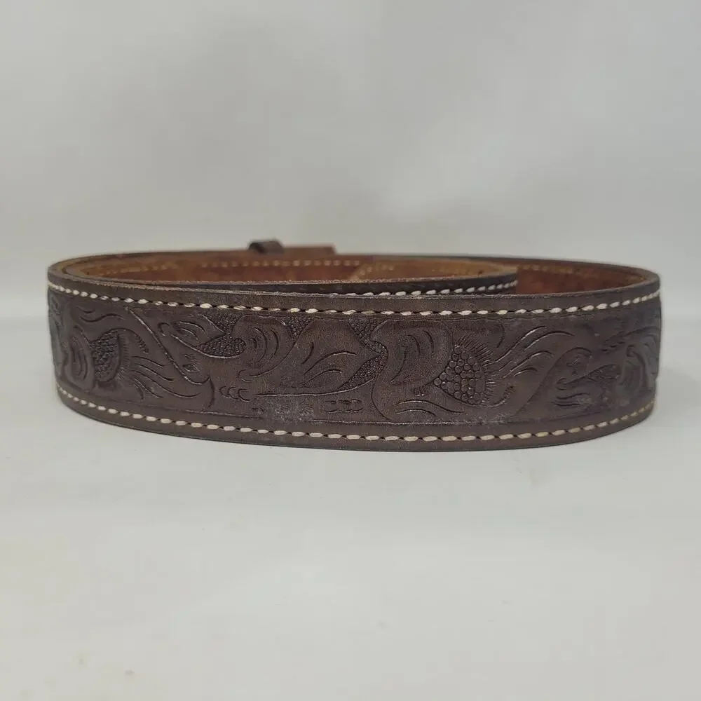 Brown Leather Belt Mens 36 Tooled Western‎ Cowboy Floral Rodeo Ranch Americana